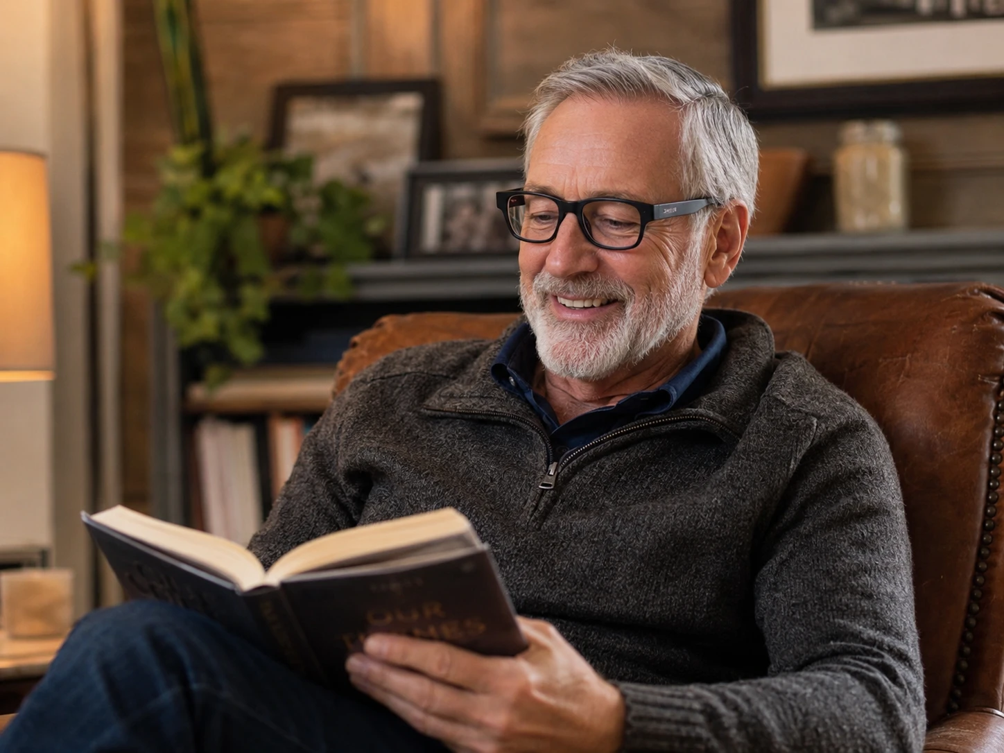 Older adult smiling and reading comfortably while wearing the glasses