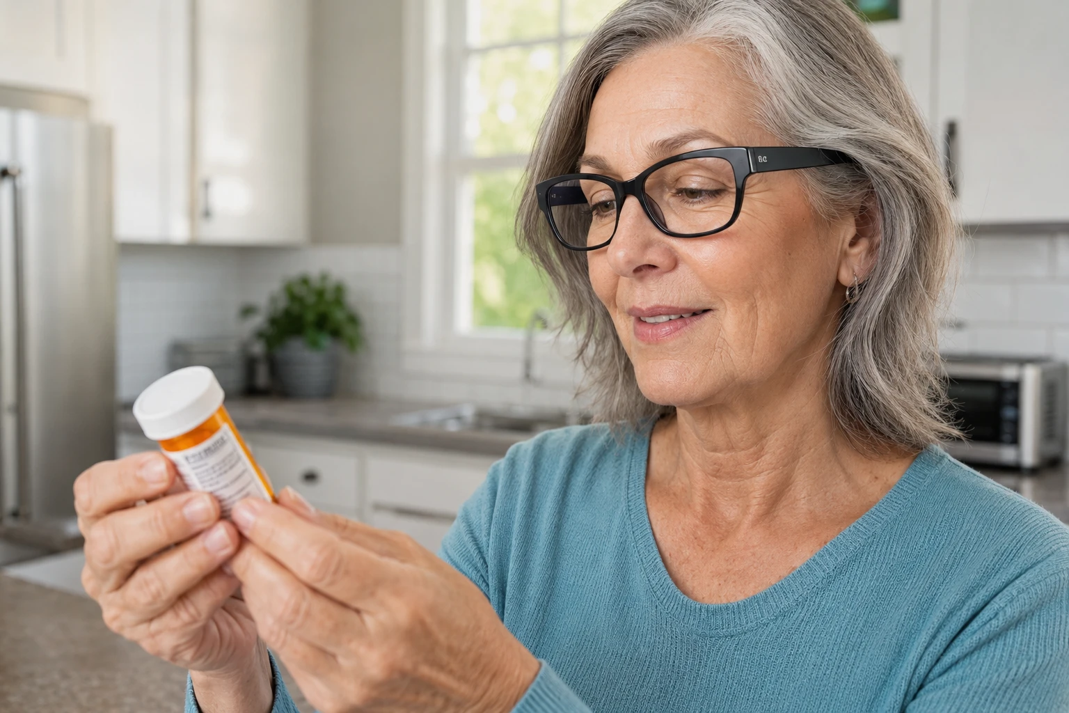Older adult using the glasses to read a small label